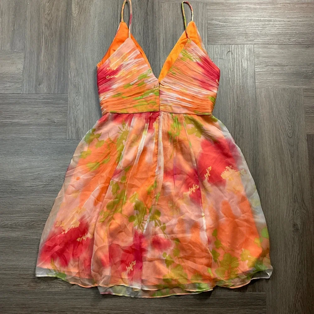 Laundry by Shelli Segal 100% Silk Watercolor Floral Dress Womens 4 Orange Pink - Picture 2 of 12